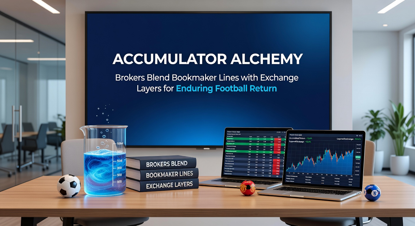 Screenshot of a broker dashboard displaying blended accumulator odds for Premier League matches, with bookmaker lines overlaid on exchange lay prices and profit projections
