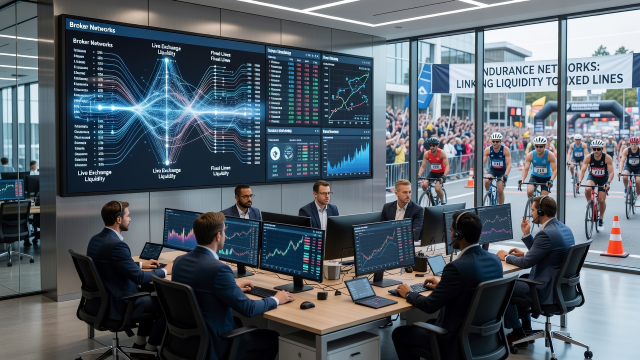 Endurance event traders using broker networks to link exchange liquidity with fixed bookmaker lines