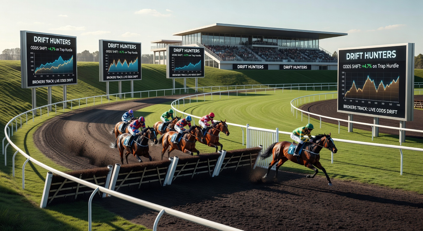 Close-up of a steeplechase horse clearing a massive fence mid-drift opportunity, with odds screens overlay