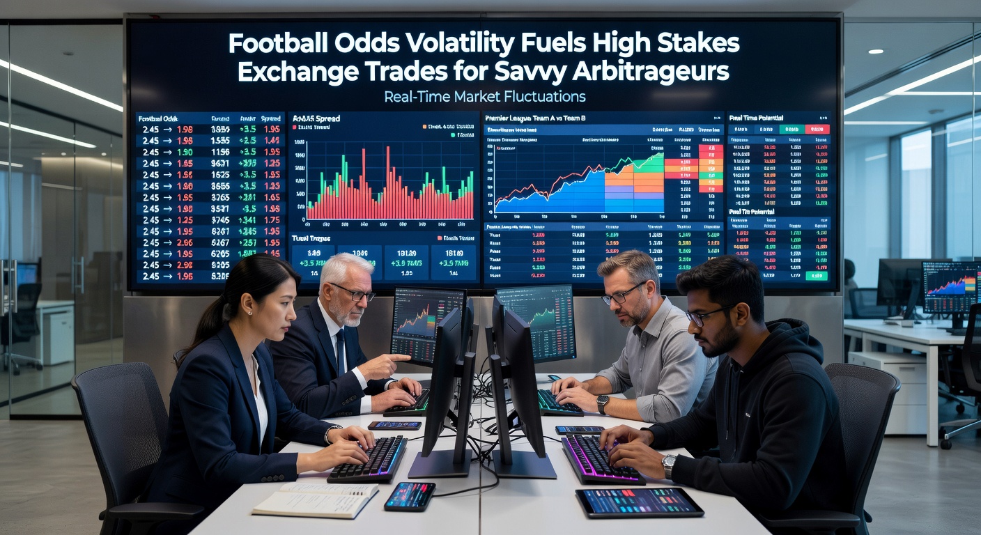 Close-up of a trader's screen displaying rapid odds changes on a football exchange during a tense match moment, with buy and lay buttons highlighted amid green and red price fluctuations