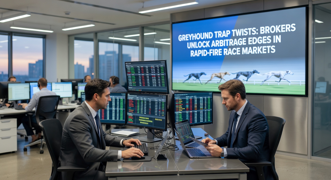 Close-up of betting broker dashboard displaying live greyhound odds from multiple books, trap selections highlighted with arbitrage alerts