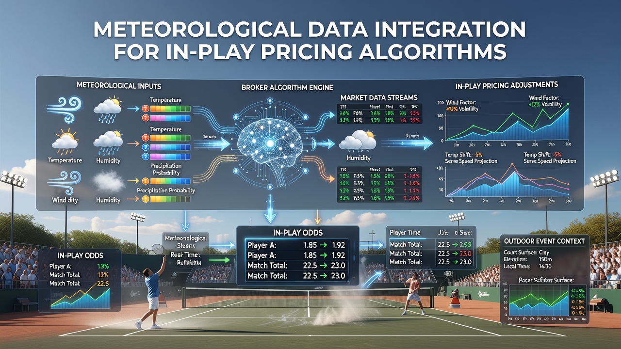 Broker dashboard displaying live weather overlays alongside in-play odds for an outdoor sporting event