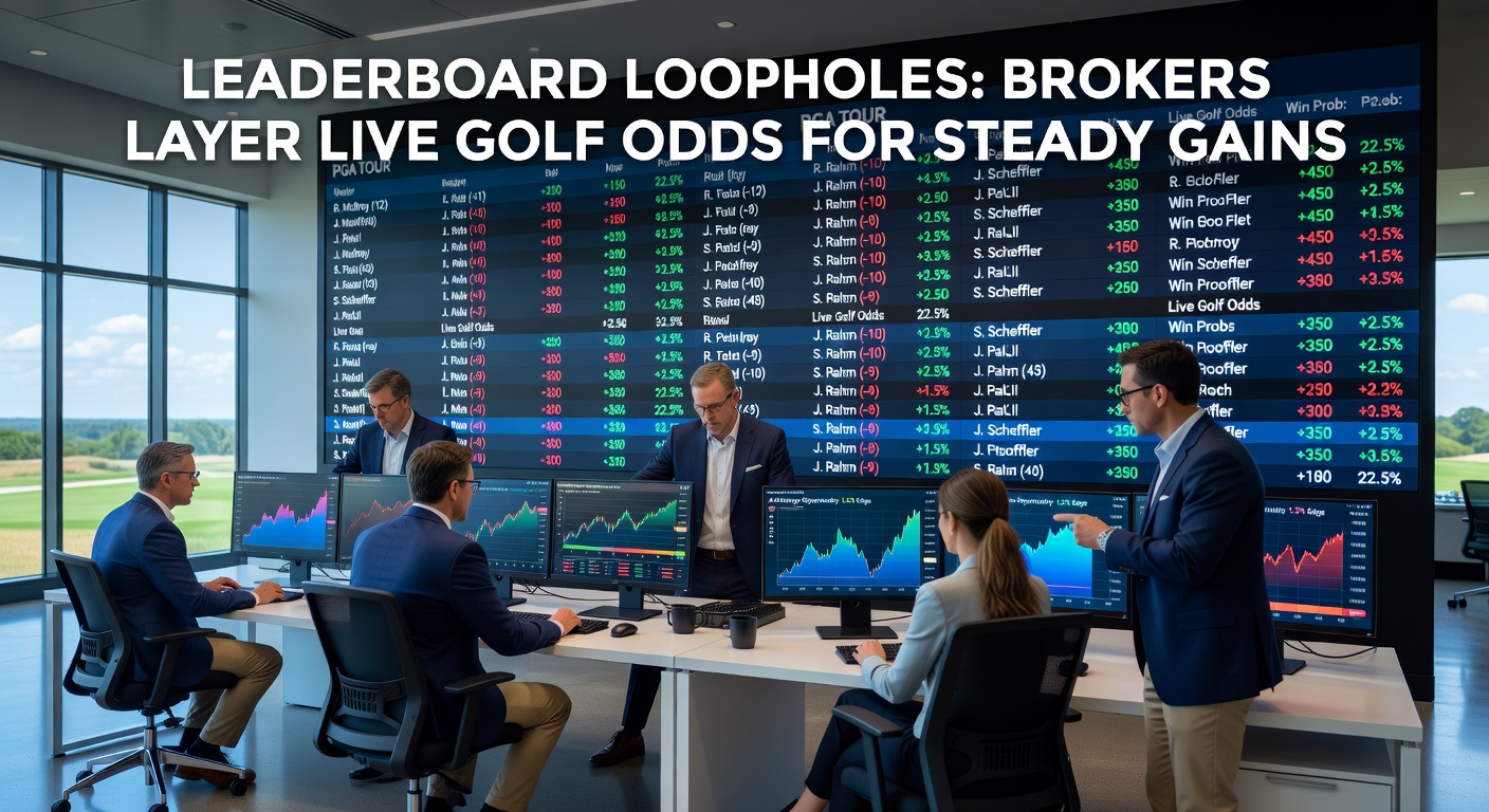 Close-up of a digital betting interface showing live golf odds shifting on a leaderboard, with layered bet slips visible