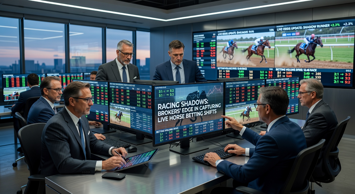 Close-up of a betting broker's dashboard displaying real-time horse racing odds graphs spiking during a live event, with multiple bookmaker feeds synchronized