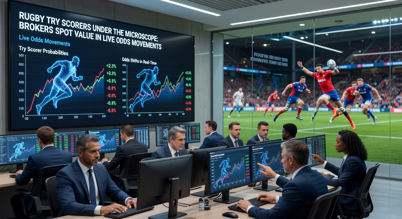 Betting interface displaying fluctuating live odds for rugby try scorers, with charts showing broker-tracked movements
