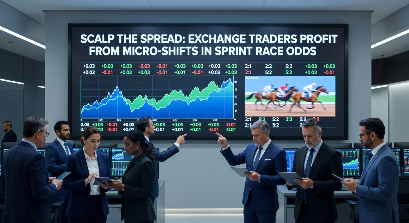 Close-up of a scalper's multi-monitor setup tracking sprint odds graphs, with green profit ticks accumulating on the exchange interface