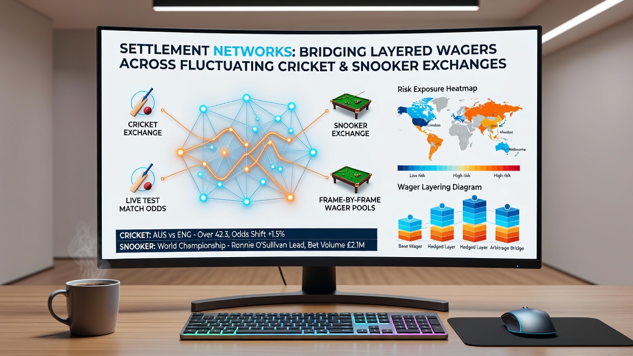 Illustration of layered wager flows between cricket and snooker exchanges via settlement network infrastructure