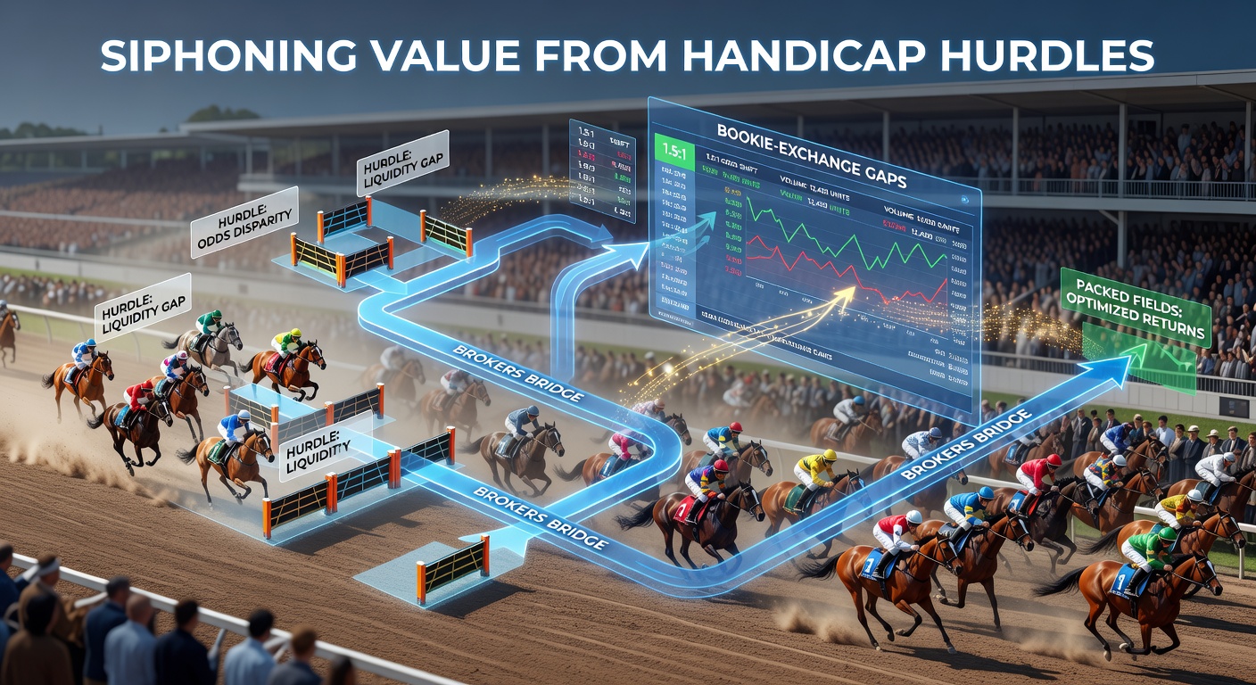 Betting screen showing divergent odds between a bookmaker and exchange during a busy handicap hurdle event, illustrating broker opportunities