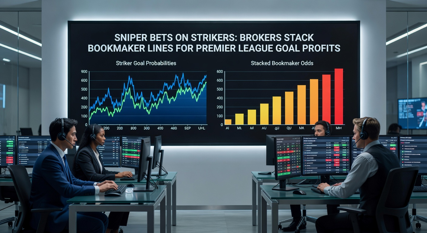 Close-up of a broker's dashboard displaying stacked odds on a Premier League striker goal bet, with live Premier League stadium action in the background