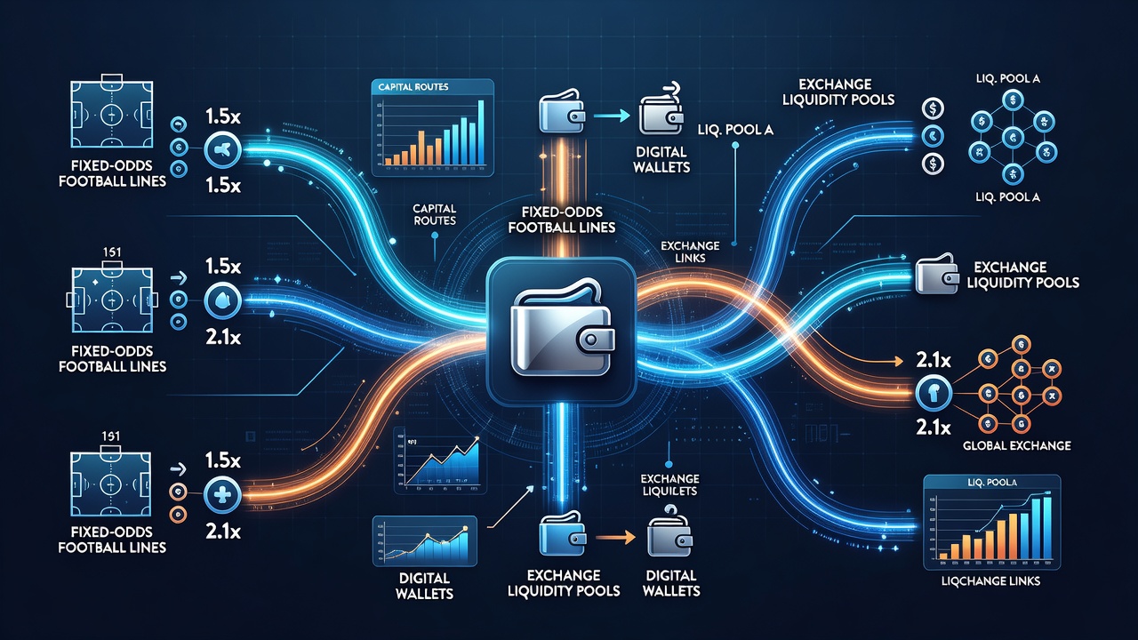 Flow diagram of capital moving between fixed-odds football markets and exchange liquidity pools