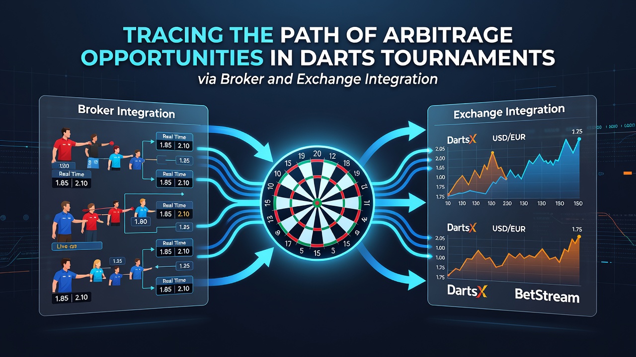 Live darts match screenshot with overlaid betting odds from integrated broker and exchange feeds